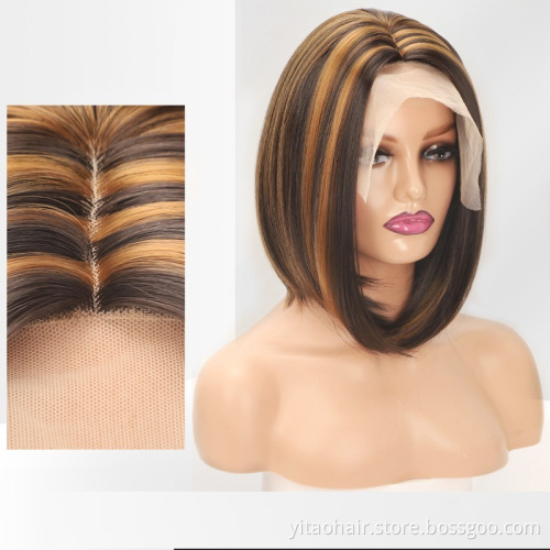 New Arrival wholesale price piano color  bob wigs,  Synthetic Hair Bob Wigs With Highlights Pre-Plucked Big Factory Stock